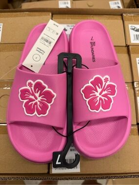 No Boundaries Hot Pink Slide Sandals with Hibiscus Applique